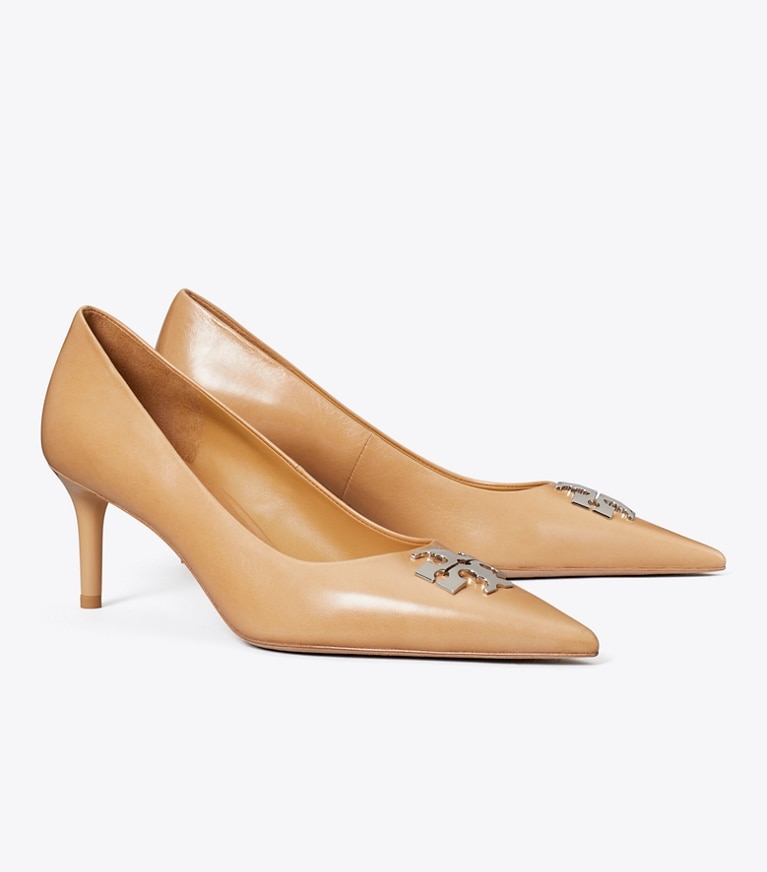Tory Burch designer heels Charlie Pump in HONEYCOMB TAN / SILVER angle