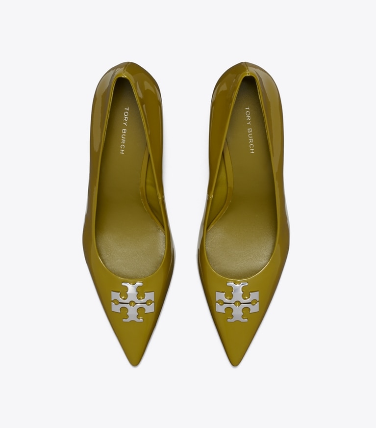 Tory Burch designer heels Charlie Pump in MOSS / SILVER overhead