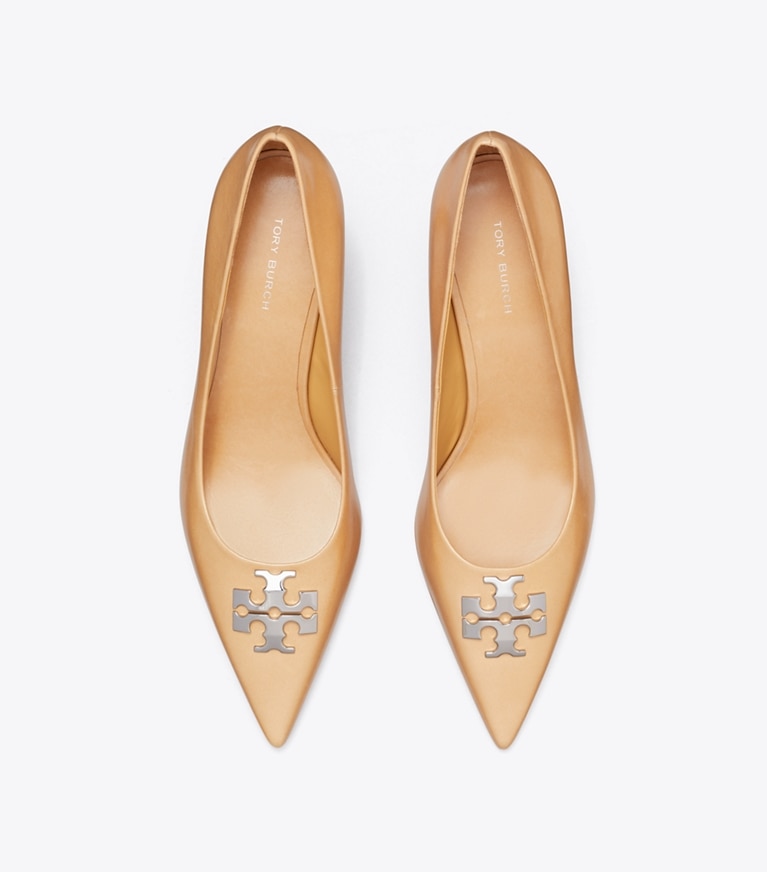 Tory Burch designer heels Charlie Pump in HONEYCOMB TAN / SILVER overhead