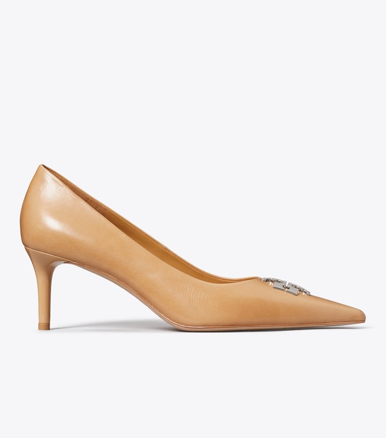 Tory Burch designer heels Charlie Pump in HONEYCOMB TAN / SILVER side