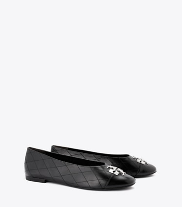 Tory Burch designer フラット チャーリー キルト バレエシューズ ワイド in PERFECT BLACK / PERFECT BLACK angle