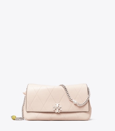 Tory Burch designer crossbody bags Charlie Quilted Chain Crossbody in Soft Pink / Charms front