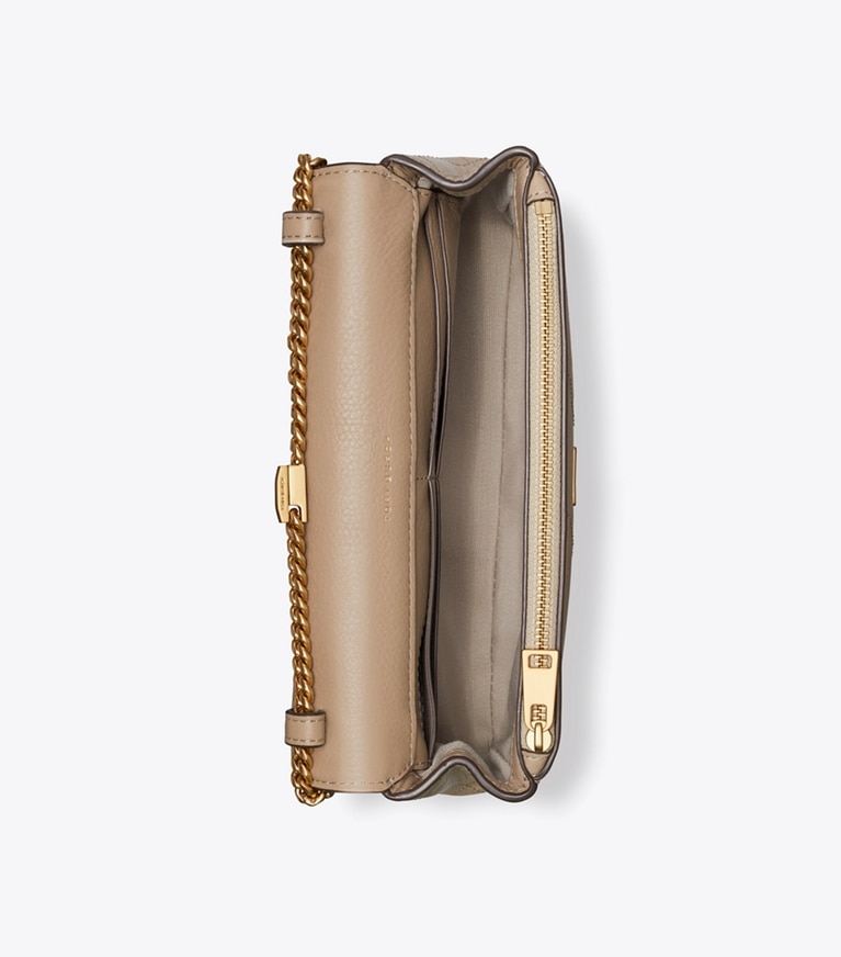Tory Burch designer crossbody bags Charlie Quilted Chain Crossbody in Soft Cement overhead
