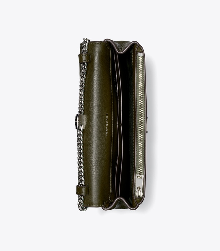 Tory Burch designer crossbody bags Charlie Quilted Chain Crossbody in Dark Olive overhead