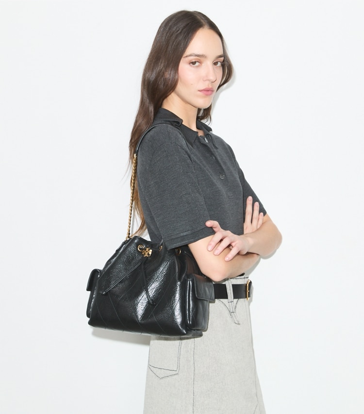 Tory Burch designer shoulder bags Charlie Quilted Drawstring Shoulder Bag in Black accessory on model