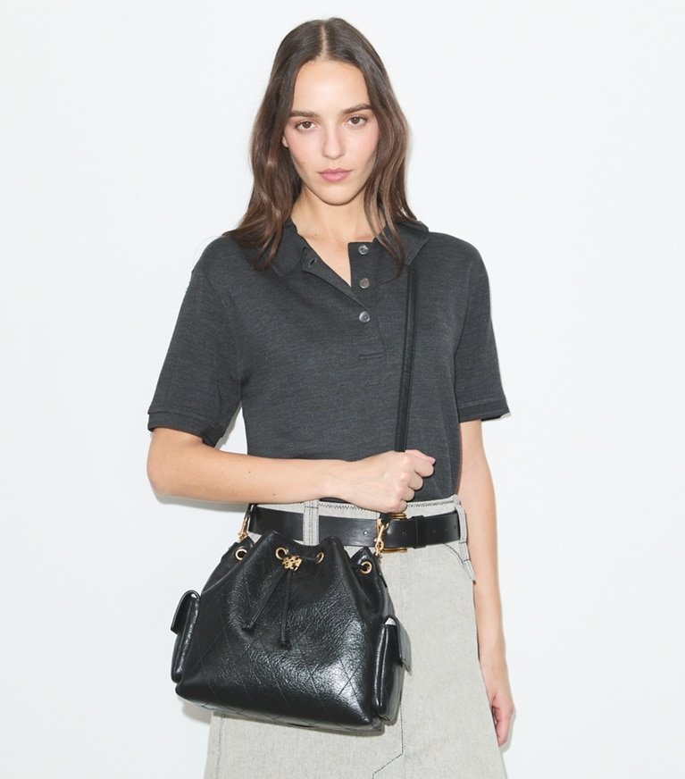 Tory Burch designer shoulder bags Charlie Quilted Drawstring Shoulder Bag in Black additional on model
