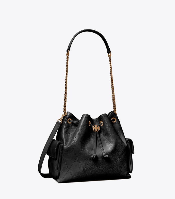 Tory Burch designer shoulder bags Charlie Quilted Drawstring Shoulder Bag in Black angle