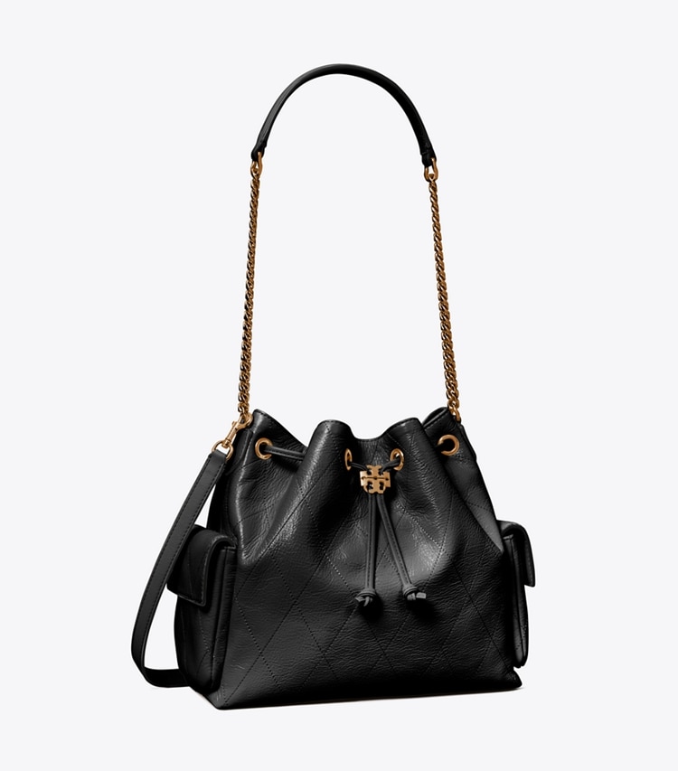 Tory Burch designer shoulder bags Charlie Quilted Drawstring Shoulder Bag in Black angle