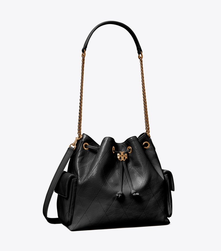 Tory Burch designer shoulder bags Charlie Quilted Drawstring Shoulder Bag in Black angle