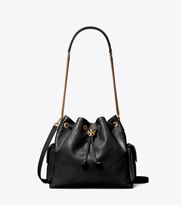 Tory Burch Charlie Quilted Drawstring Shoulder Bag — Black