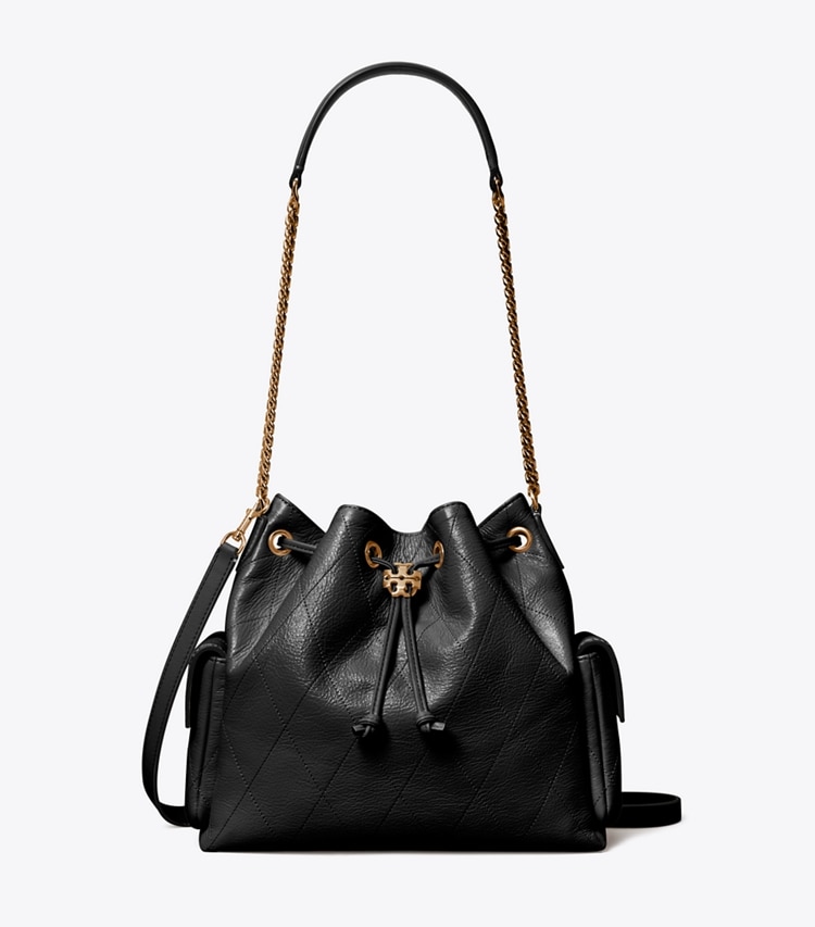 Tory Burch designer shoulder bags Charlie Quilted Drawstring Shoulder Bag in Black front