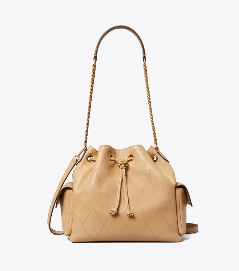 Tory Burch designer shoulder bags Charlie Quilted Drawstring Shoulder Bag in Pecan front