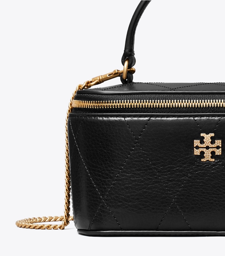 Tory Burch designer crossbody bags Charlie Quilted Pavé Vanity Case in Black detail