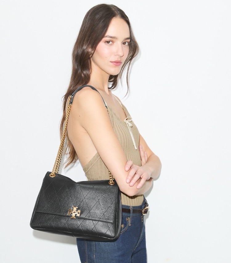 Tory Burch designer shoulder bags Charlie Quilted Shoulder Bag in Black accessory on model