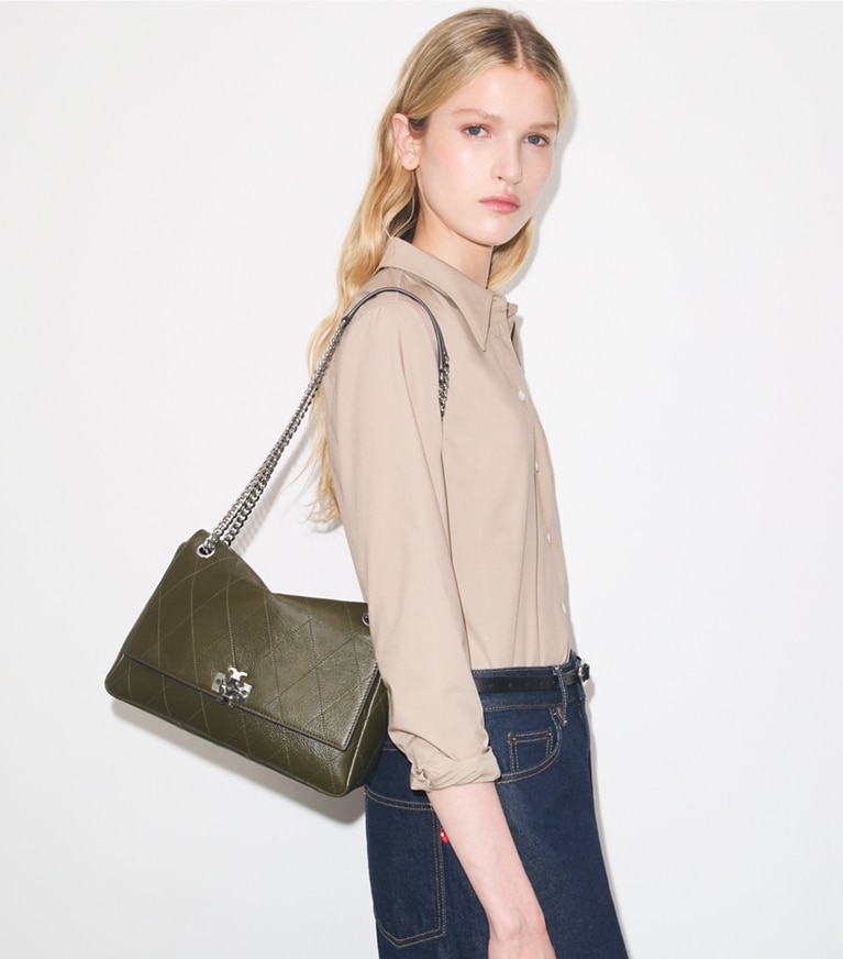 Tory Burch designer shoulder bags Charlie Quilted Shoulder Bag in Dark Olive accessory on model