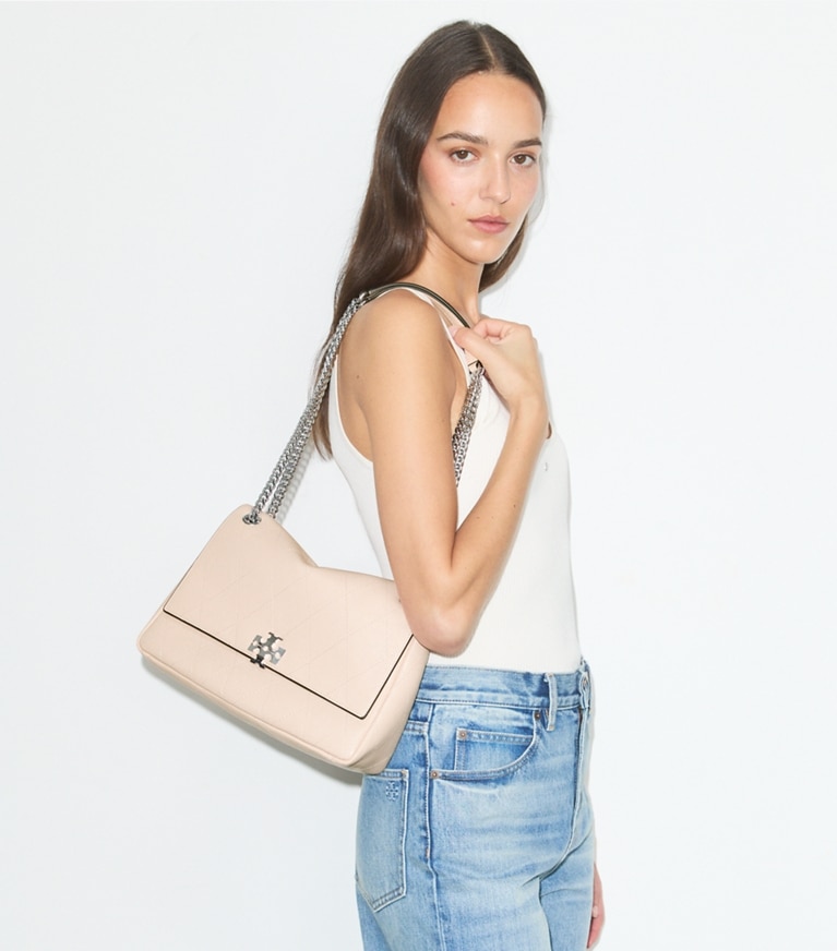 Tory Burch designer shoulder bags Charlie Quilted Shoulder Bag in Soft Pink accessory on model