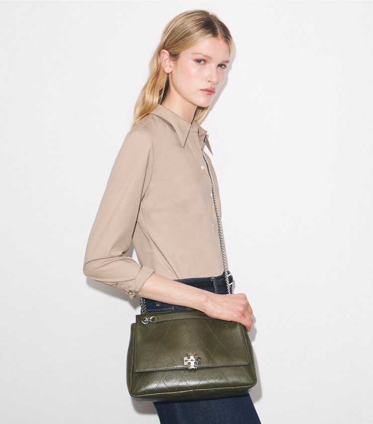 Tory Burch designer shoulder bags Charlie Quilted Shoulder Bag in Dark Olive additional on model