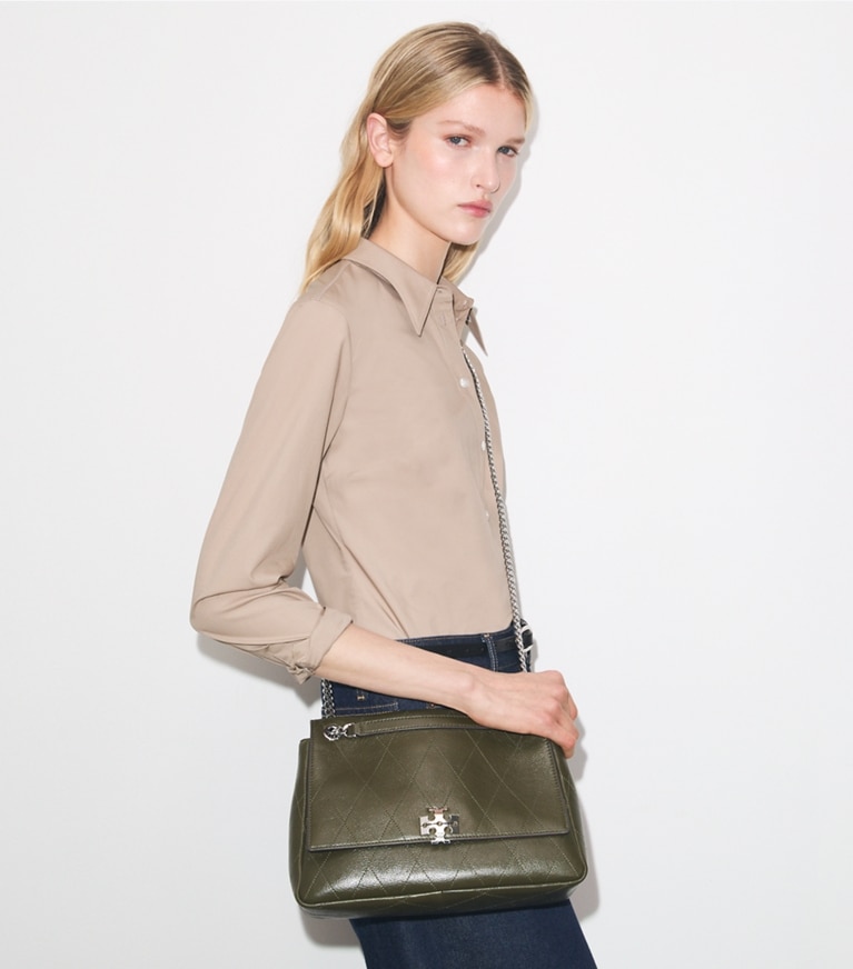 Tory Burch designer shoulder bags Charlie Quilted Shoulder Bag in Dark Olive additional on model