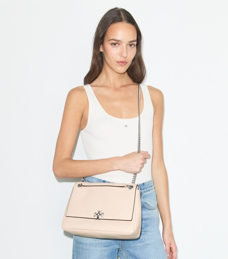 Tory Burch designer shoulder bags Charlie Quilted Shoulder Bag in Soft Pink additional on model