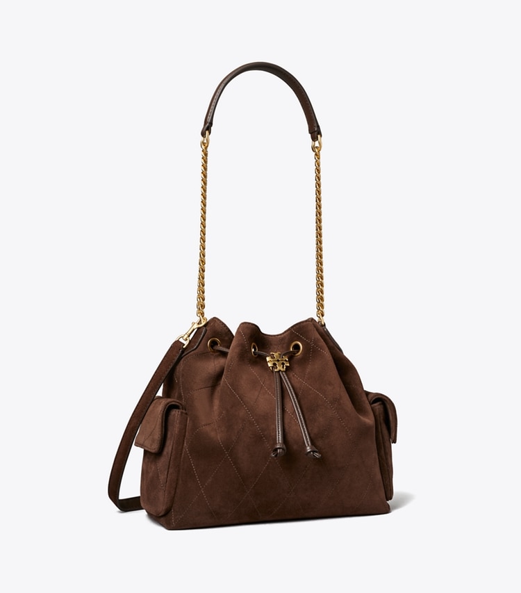 Tory Burch designer ショルダーバッグ チャーリー キルト スエード ドローストリング ショルダーバッグ in Dark Cocoa angle