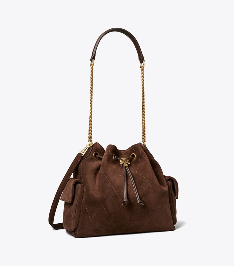 Tory Burch designer ショルダーバッグ チャーリー キルト スエード ドローストリング ショルダーバッグ in Dark Cocoa angle