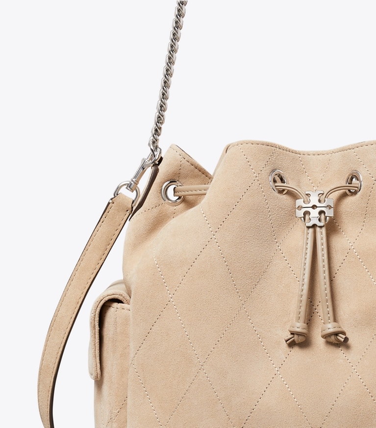 Tory Burch designer shoulder bags Charlie Quilted Suede Drawstring Shoulder Bag in Gray detail