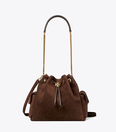 Tory Burch designer shoulder bags Charlie Quilted Suede Drawstring Shoulder Bag in Dark Cocoa front