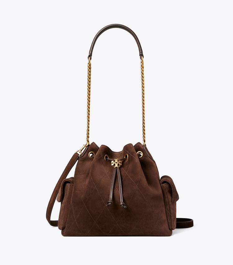 Tory Burch designer ショルダーバッグ チャーリー キルト スエード ドローストリング ショルダーバッグ in Dark Cocoa front