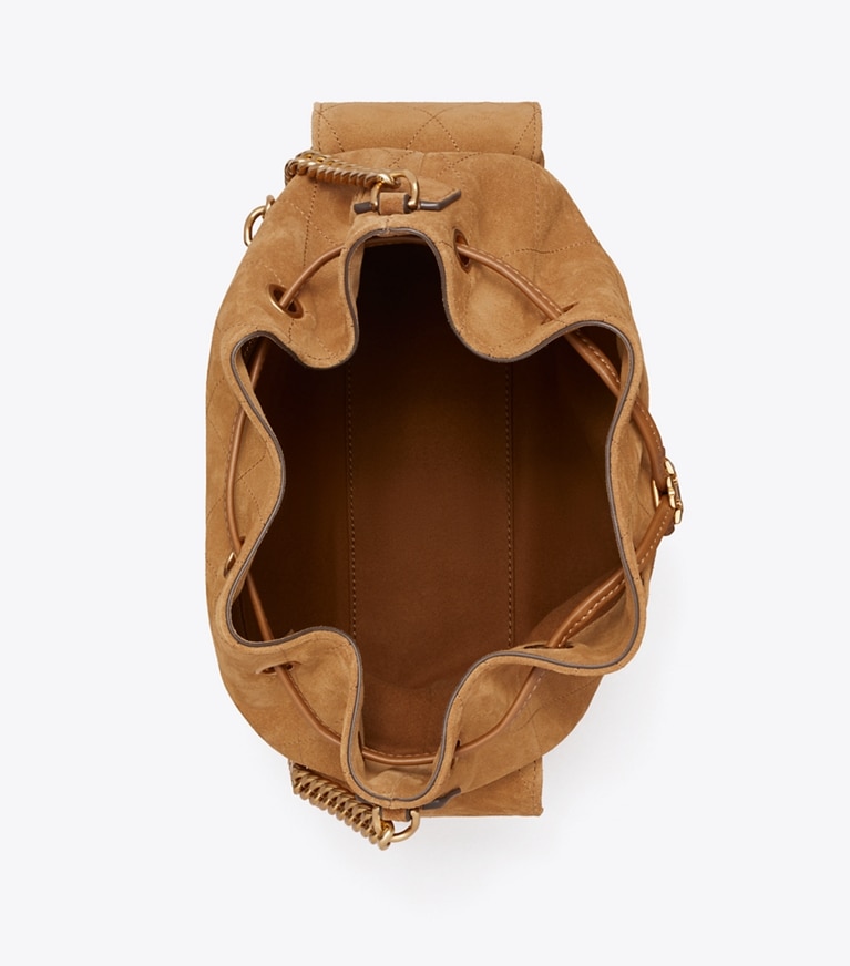 Tory Burch designer shoulder bags Charlie Quilted Suede Drawstring Shoulder Bag in WILD TABACCO overhead