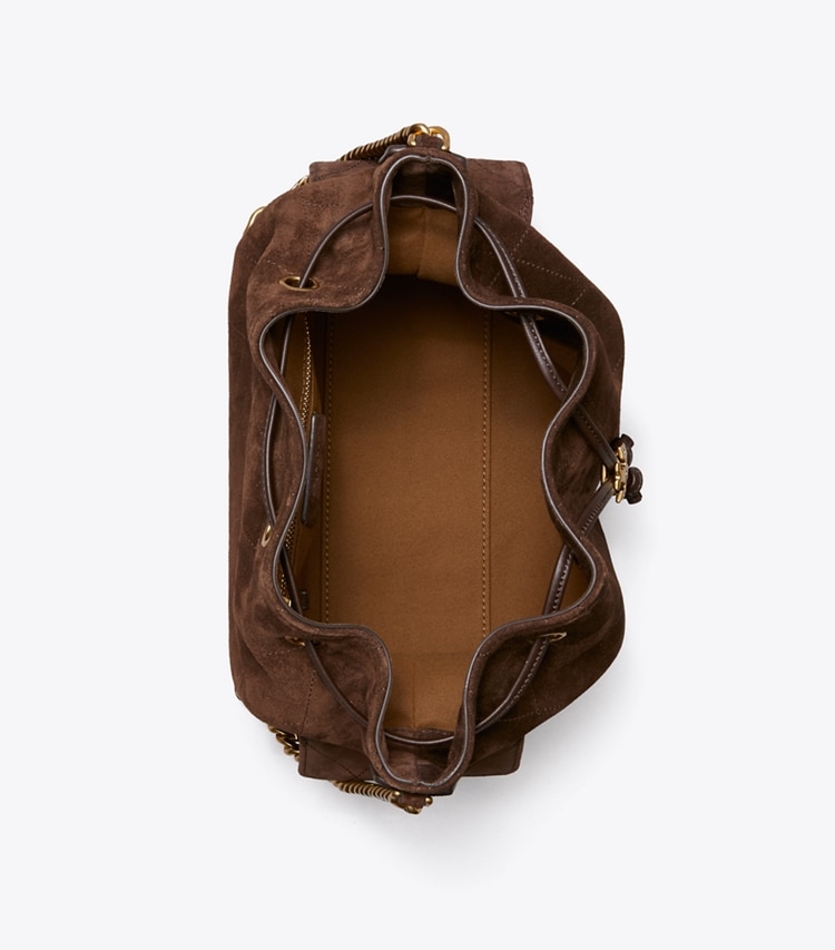 Tory Burch designer ショルダーバッグ チャーリー キルト スエード ドローストリング ショルダーバッグ in Dark Cocoa オーバーヘッド