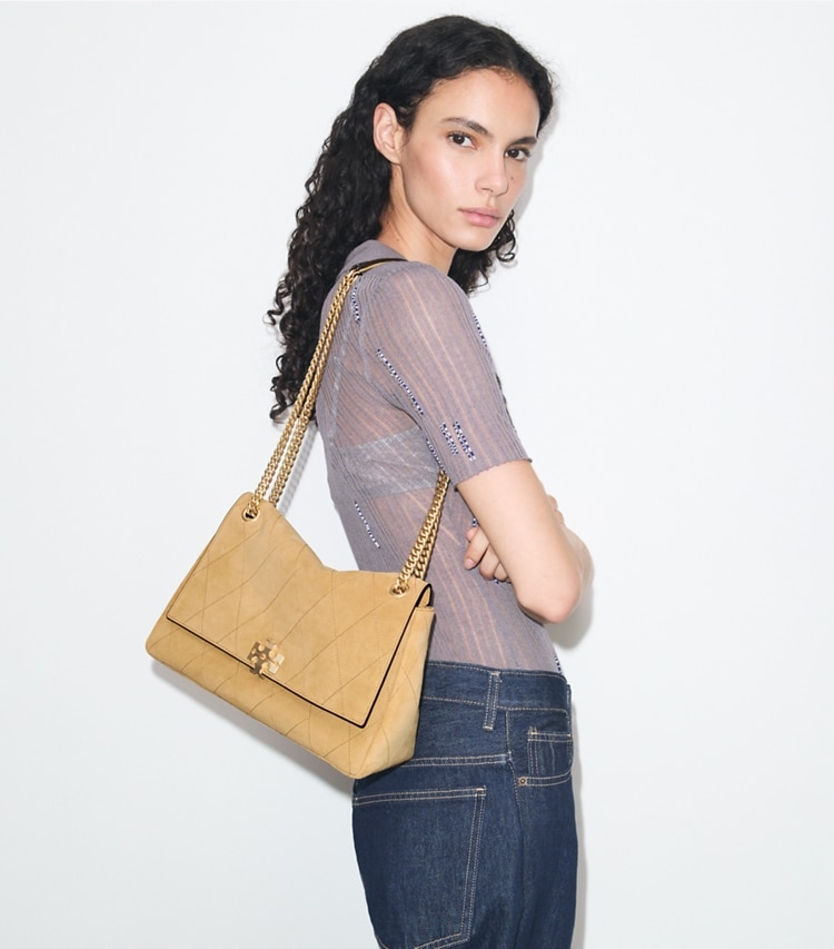 Tory Burch designer shoulder bags Charlie Quilted Suede Shoulder Bag in Stone accessory on model
