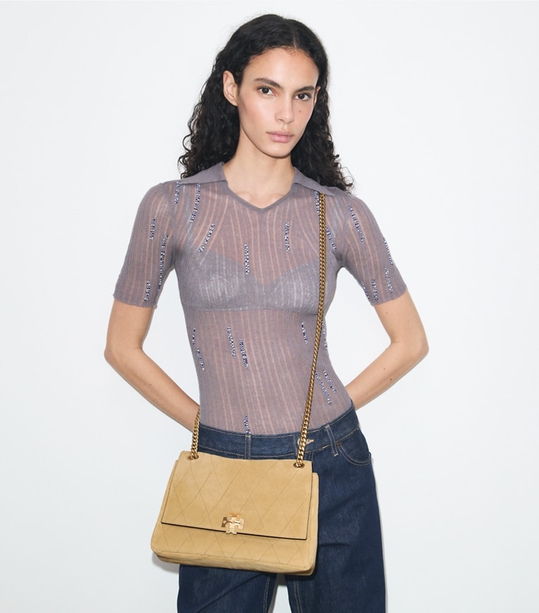 Tory Burch designer shoulder bags Charlie Quilted Suede Shoulder Bag in Stone additional on model