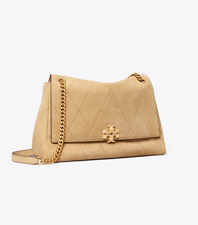 Tory Burch designer shoulder bags Charlie Quilted Suede Shoulder Bag in Stone angle
