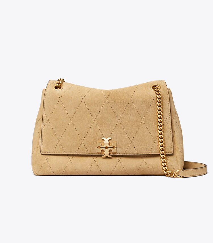 Tory Burch designer shoulder bags Charlie Quilted Suede Shoulder Bag in Stone front