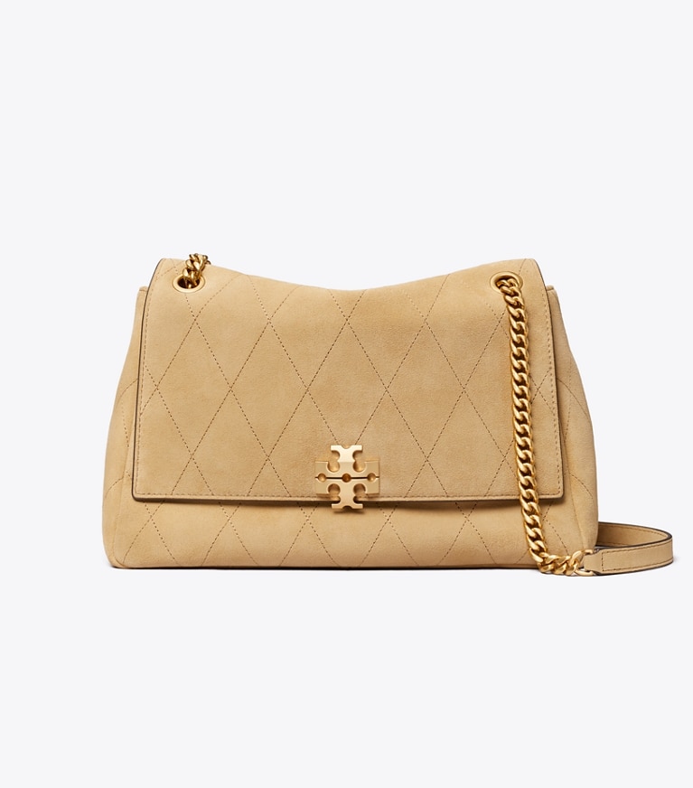 Tory Burch designer shoulder bags Charlie Quilted Suede Shoulder Bag in Stone front