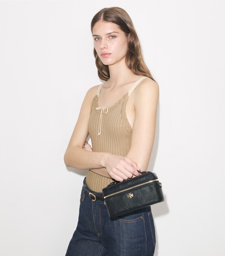 Tory Burch designer crossbody bags Charlie Quilted Vanity Case in Black additional on model