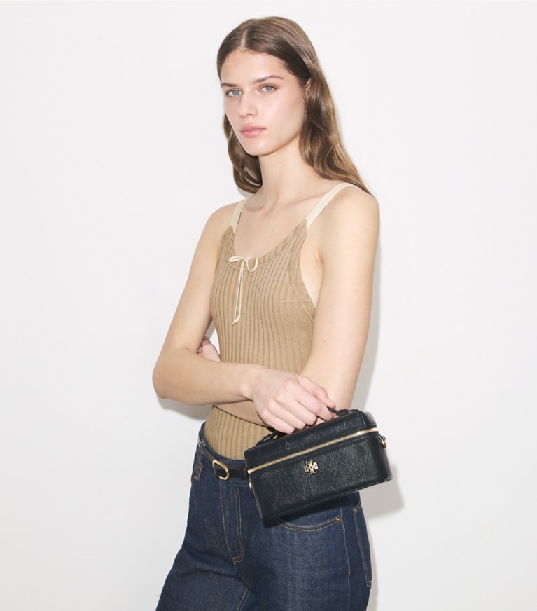 Tory Burch designer crossbody bags Charlie Quilted Vanity Case in Black additional on model