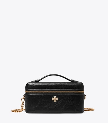 Tory Burch designer crossbody bags Charlie Quilted Vanity Case in Black / Charms front