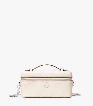 Tory Burch designer crossbody bags Charlie Quilted Vanity Case in Light Cream / Charms front