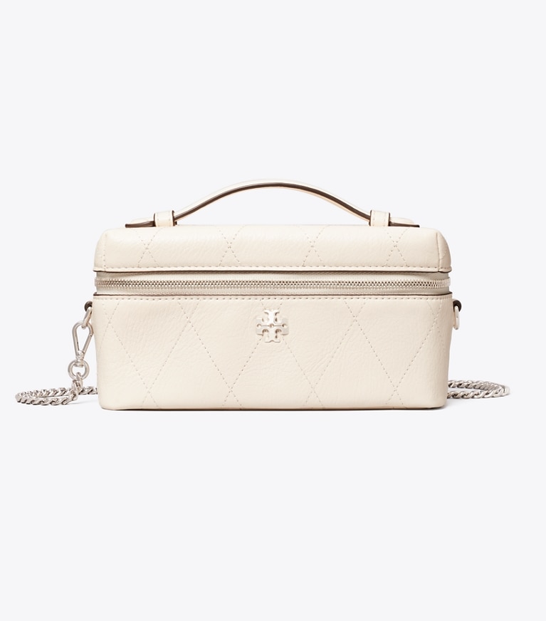 Tory Burch designer crossbody bags Charlie Quilted Vanity Case in Light Cream / Charms front