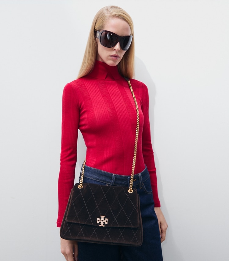 Tory Burch designer shoulder bags Charlie Quilted Velvet Pavé Shoulder Bag in Chestnut additional on model