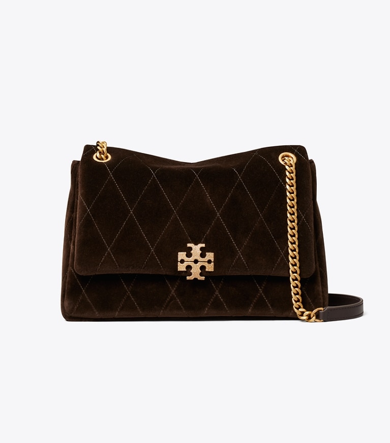Tory Burch designer shoulder bags Charlie Quilted Velvet Pavé Shoulder Bag in Chestnut front