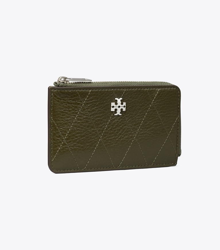 Tory Burch designer card cases Charlie Quilted Zip Card Case in Dark Olive angle