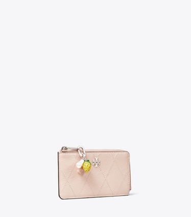 Tory Burch designer card cases Charlie Quilted Zip Card Case in Soft Pink / Charms angle