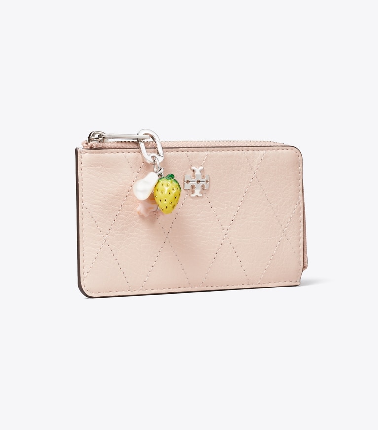 Tory Burch designer card cases Charlie Quilted Zip Card Case in Soft Pink / Charms angle