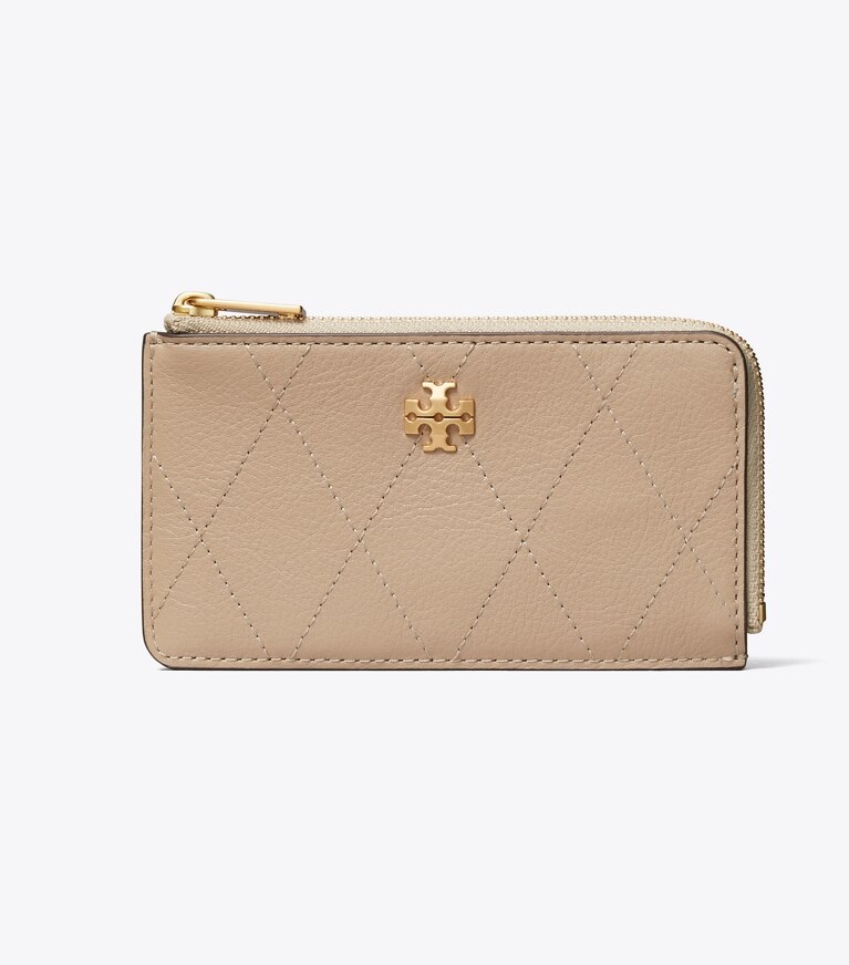 Tory Burch designer card cases Charlie Quilted Zip Card Case in Soft Cement front