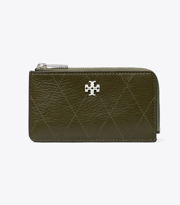 Tory Burch designer card cases Charlie Quilted Zip Card Case in Dark Olive front