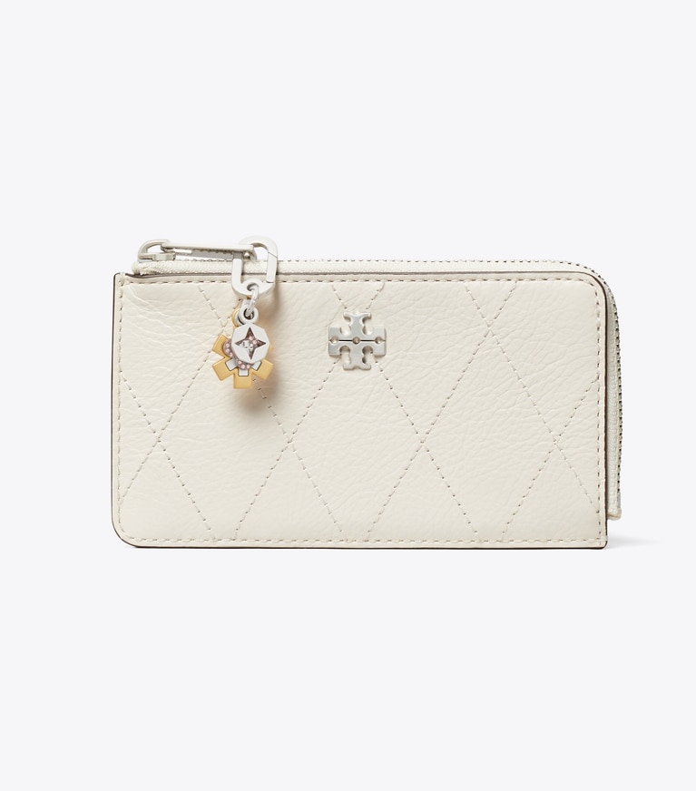 Tory Burch designer card cases Charlie Quilted Zip Card Case in Light Cream / Charms front