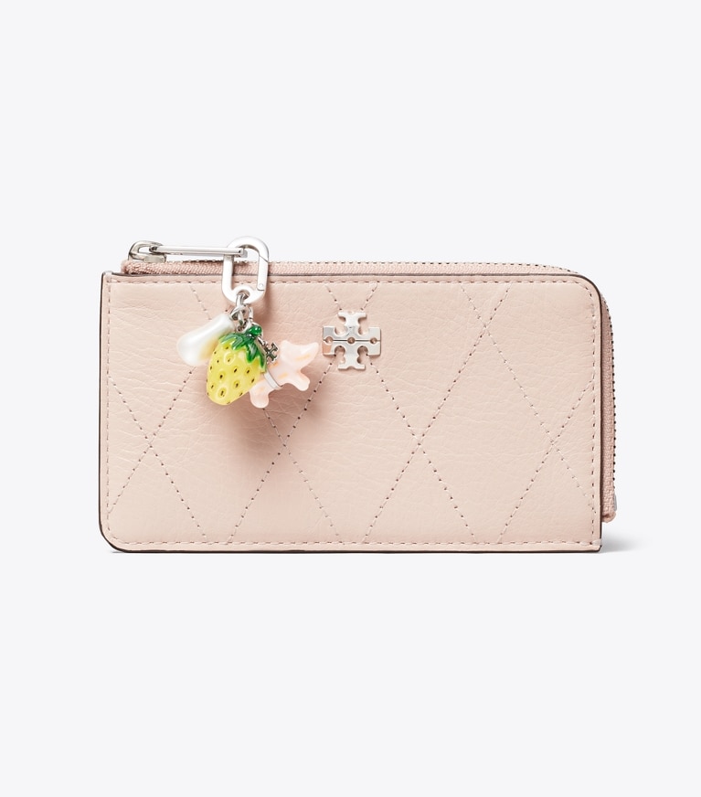 Tory Burch designer card cases Charlie Quilted Zip Card Case in Soft Pink / Charms front