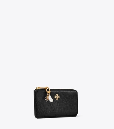 Tory Burch designer card cases Charlie Quilted Zip Charm Card Case in Black / Charms angle